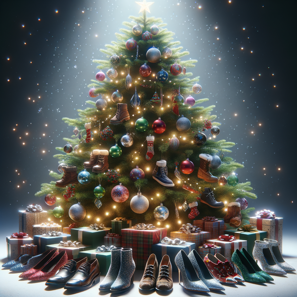 Schuhe weihnachten unter einem Weihnachtsbaum der schön geschmückt ist